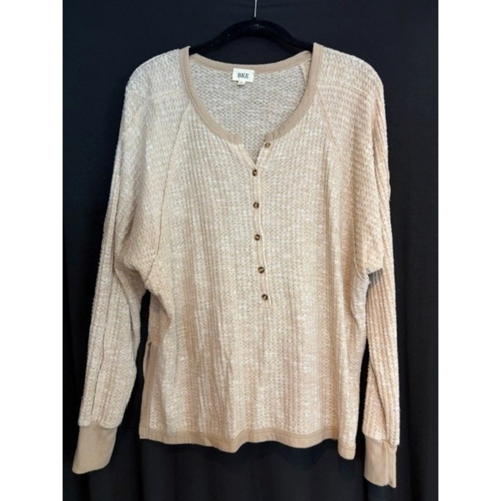 Women's Tan BKE Waffle-Knit Henley Long Sleeve Top Size L